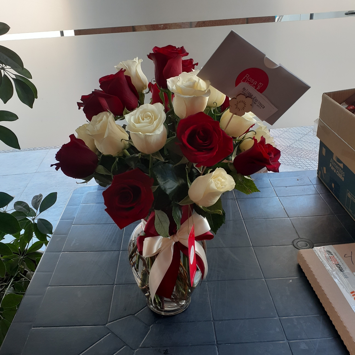 Arreglo floral en florero ánfora con mix de 24 rosas blancas y rojas - Pedido 240491