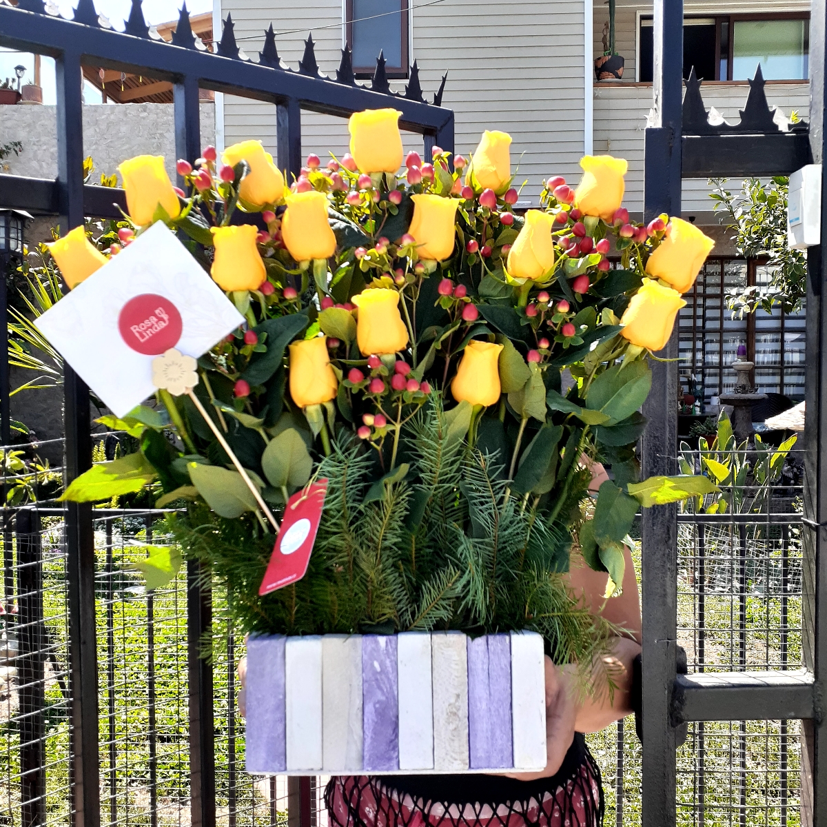 Jardín de Rosas Amarillo - Arreglo floral con 16 rosas amarillas e hypericum rojo - Pedido 247431
