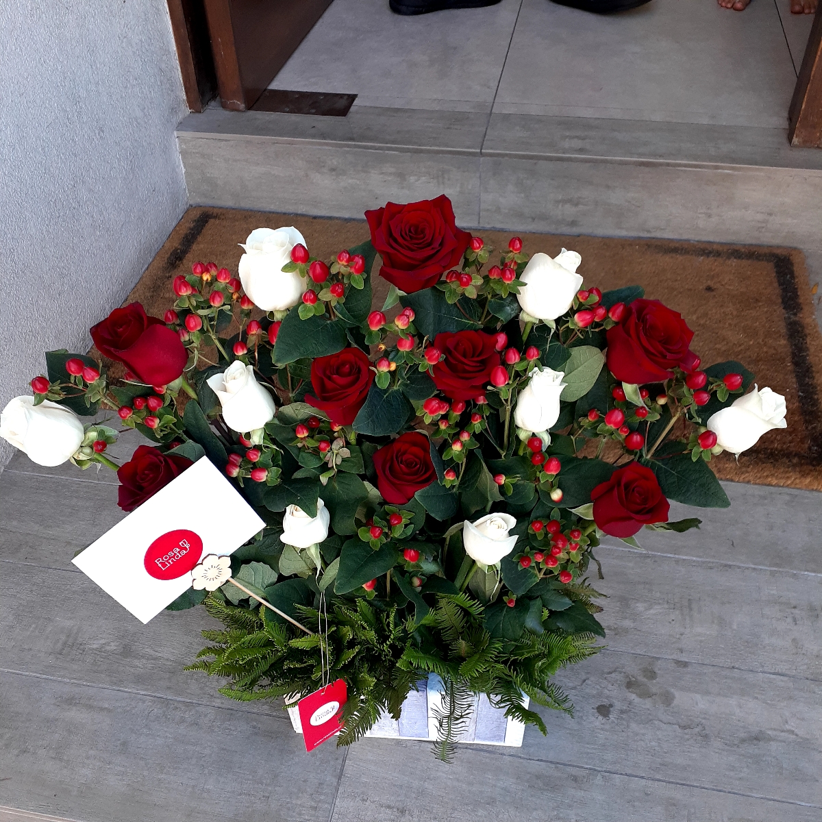 Jardín de Rosas Mix Blanco/Rojo - Arreglo floral con 16 rosas rojas y blancas e hypericum rojo - Pedido 248527